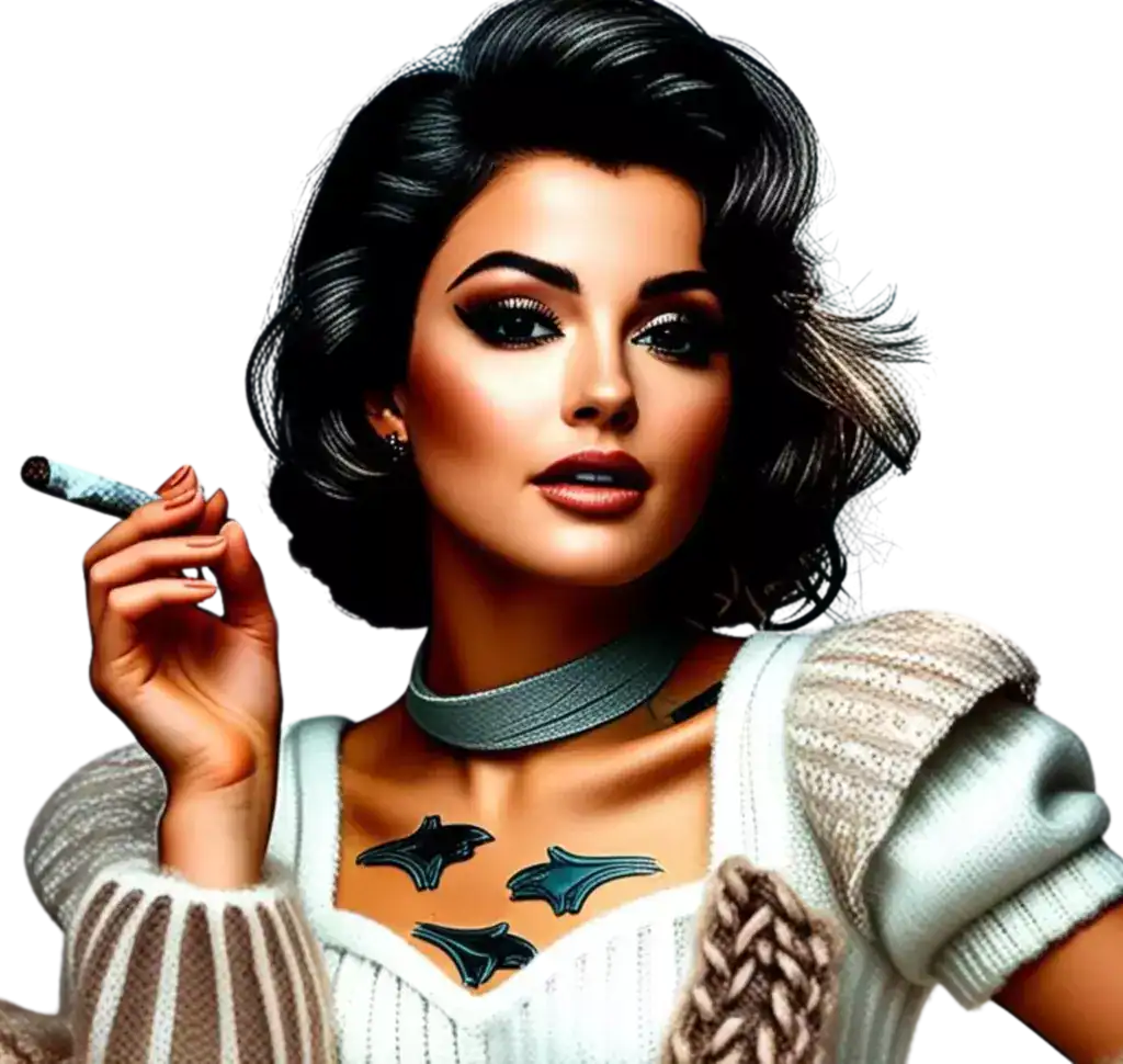 Vibrant woman with dark hair, smoky eye makeup smoking a cigar, stylish outfit, jewellery.