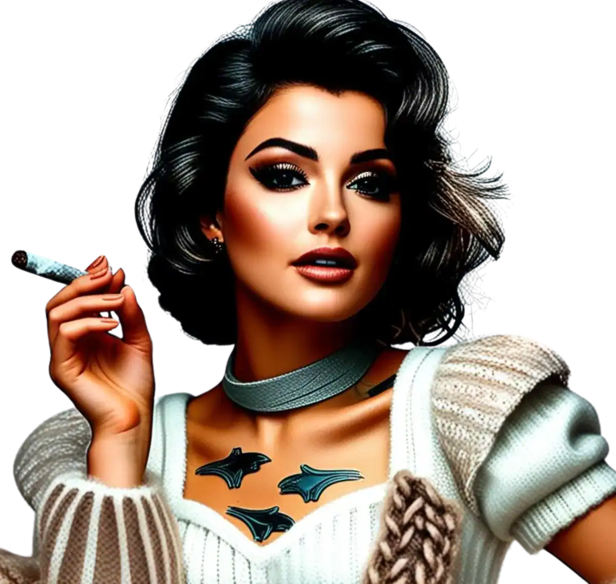 Stunning woman with bold makeup holding a cigarette, showcasing glamorous fashion and confident attitude.