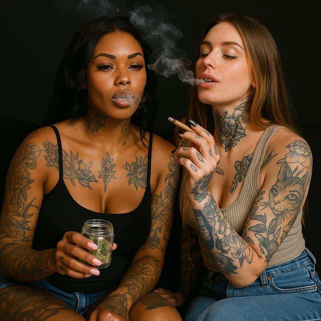 Alternative text: Two women with tattoos smoking cannabis, one holding a jar of buds, indoors against a dark background.