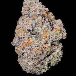Close-up of high-quality cannabis flower with vibrant orange pistils and frosty trichomes on a dark background.