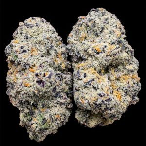 Close-up of high-quality cannabis buds with vibrant trichomes on a black background.