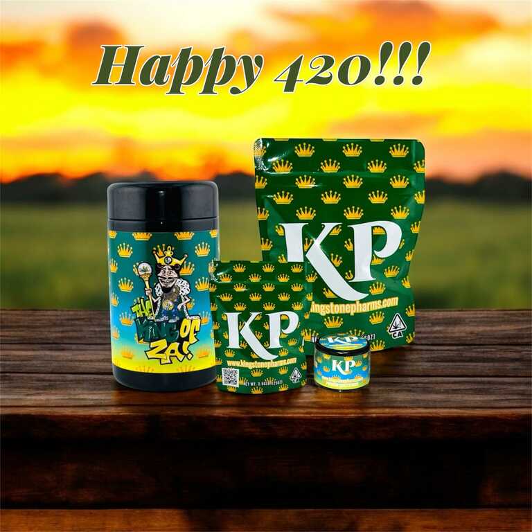 Colourful cannabis packaging for 420 celebrations, featuring a vibrant design and the Kingstonepharms brand.