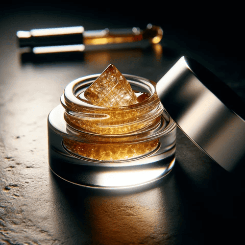 Close-up of cannabis concentrates in a glass jar with metallic lid.