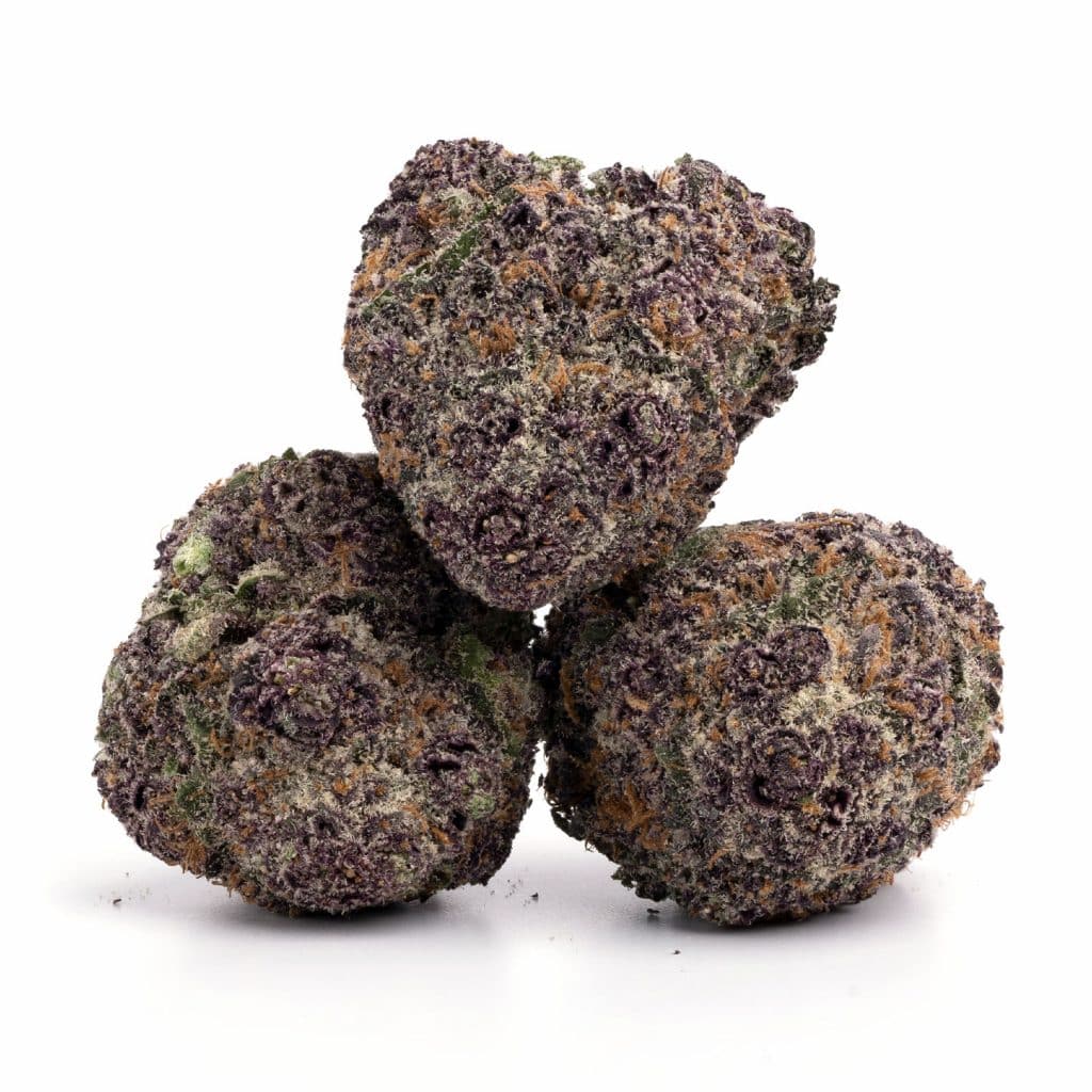 Vibrant purple cannabis buds with frosty trichomes, ideal for medical and recreational use. Grown for quality and potency.