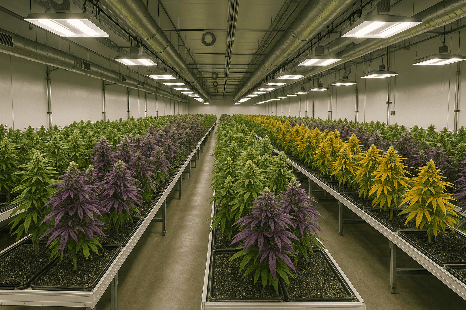 Indoor cannabis grow room with vibrant, healthy cannabis plants in a professional setup.
