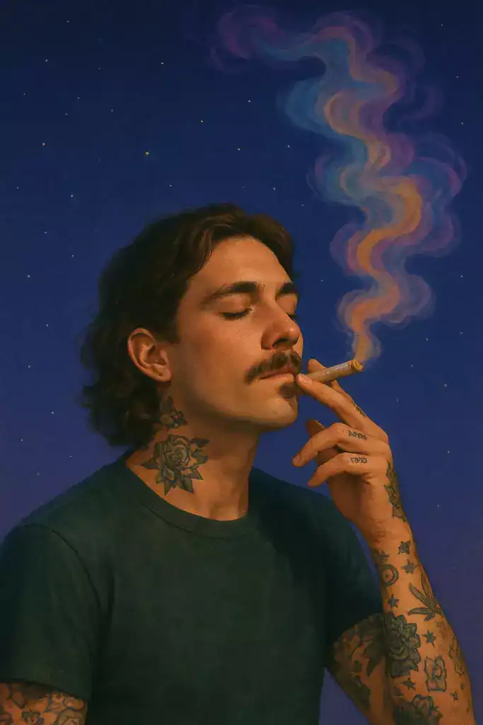 A young man with tattoos on neck and arms smokes a joint peacefully, with colorful smoke rising against a starry night sky.