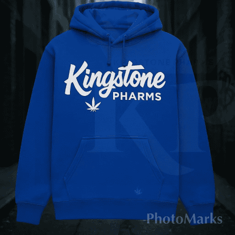 Blue Kingstone Pharms hoodie with logo and cannabis leaf, comfortable streetwear.