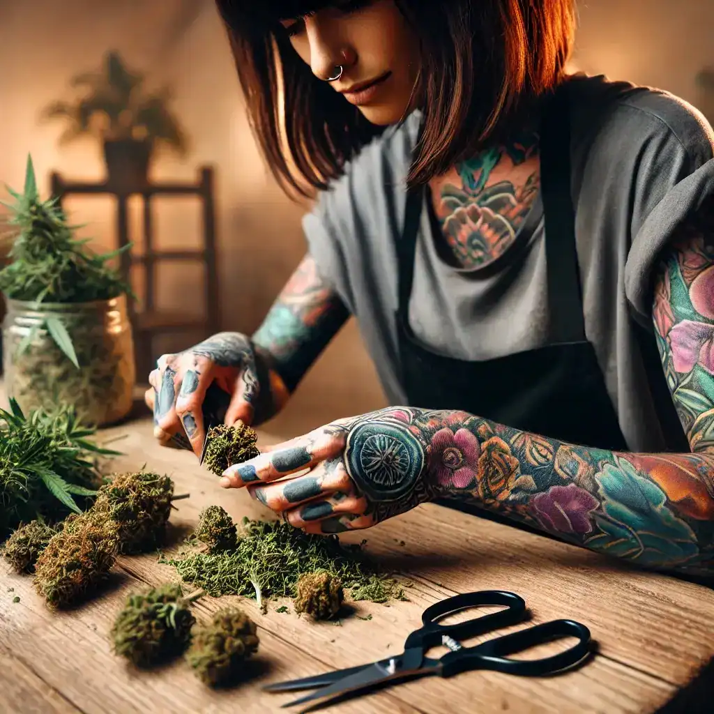 Tattooed woman trimming cannabis buds with scissors in a warm-toned, modern indoor setting.
